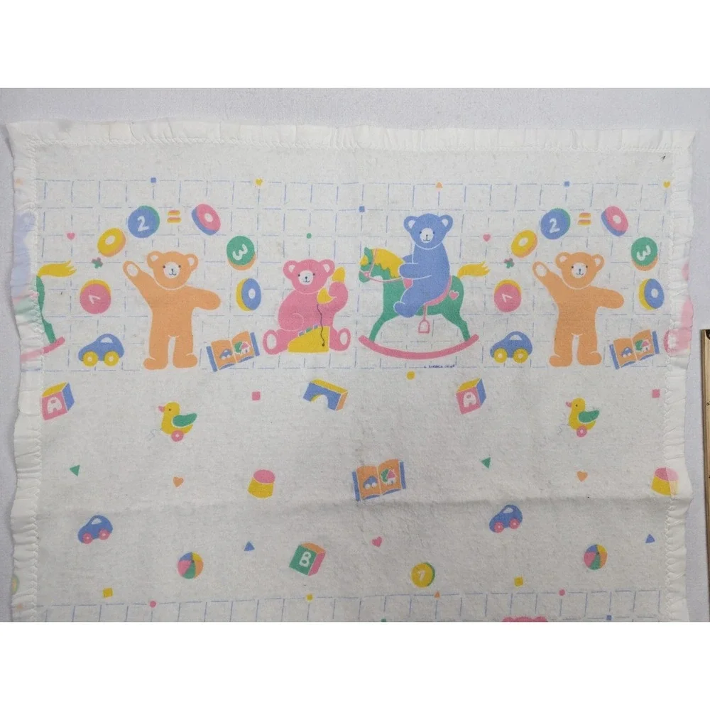 Baby‎ Crib Blanket Bears Blocks Toys Made in USA Polyester Acrylic